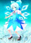  1girl absurdres ahoge baba_(pixiv3422465) blue_eyes blue_hair bow cirno hair_bow highres ice ice_wings short_hair solo touhou wings 