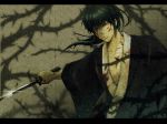  1boy black_hair blood blood_on_face gintama hijikata_toushirou japanese_clothes katana letterboxed ponytail shiroyasha solo sword teenage thorns vines weapon younger 