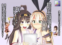  &gt;_&lt; 4girls :&lt; ahoge akagi_(kantai_collection) aqua_eyes bare_shoulders black_hair blonde_hair blush brown_hair detached_sleeves double_bun eating elbow_gloves frown gloves hairband hand_on_hip japanese_clothes kantai_collection kongou_(kantai_collection) long_hair miko multiple_girls naka_(kantai_collection) off_shoulder open_mouth personification rensouhou-chan rice shimakaze_(kantai_collection) smile translation_request tsuti wink 