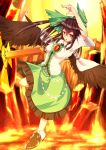  1girl amiru9 arm_cannon arm_up bird_wings black_hair blouse bow breasts cape cave flying greaves hair_bow highres leaning_over leg_up looking_at_viewer molten_rock open_mouth ponytail radiation_symbol red_eyes reiuji_utsuho short_hair skirt solo sun third_eye touhou weapon 