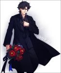  1boy birthday black_eyes black_hair bouquet dated emiya_kiritsugu fate/zero fate_(series) flower long_coat solo zihad 