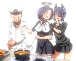  1boy 2girls admiral_(kantai_collection) checkered_necktie chopsticks closed_eyes cooking drooling eye_poke eyepatch faceless faceless_male fingerless_gloves fried_chicken gloves hands_on_another&#039;s_shoulders hat headgear kantai_collection mechanical_halo multiple_girls naval_uniform oil open_mouth personification poking purple_hair ribbon shinori short_hair sneaking_food stove tatsuta_(kantai_collection) tenryuu_(kantai_collection) yellow_eyes 