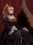  1girl beatrice blonde_hair blue_eyes breasts castle choker cleavage dress flower hair_flower hair_ornament lipstick makeup mr.zombie rose sitting solo umineko_no_naku_koro_ni 