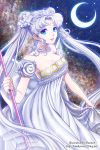  1girl bare_shoulders bishoujo_senshi_sailor_moon blue_eyes bracelet breasts cleavage crescent crown double_bun dress facial_mark flower forehead_mark hair_flower hair_ornament jewelry long_hair necklace neo_queen_serenity shainea smile solo staff tsukino_usagi twintails white_dress white_hair 