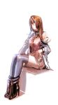  1girl bare_shoulders boots bow_(bhp) brown_hair high_heels highres jacket long_hair original simple_background sitting solo white_background 