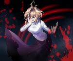 1girl arcueid_brunestud blonde_hair blood breasts covering_face crazy_eyes dark_persona hair_intakes large_breasts long_skirt melty_blood messy_hair purple_skirt red_sclera sharp_teeth short_hair skirt slit_pupils solo sweater tsukihime turtleneck warcueid wind yellow_eyes yusano