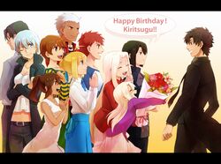  archer black_hair blonde_hair brown_hair emiya_kiritsugu emiya_norikata emiya_shirou familyl fate/stay_night fate_(series) fley3black fujimura_taiga happy_birthday hisau_maiya illyasviel_von_einzbern irisviel_von_einzbern natalia_kaminski redhead saber shirley_(fate/zero) white_hair 