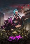  1girl bare_shoulders blue_hair boots braid city fingerless_gloves gd_choco gloves highres jewelry jinx_(league_of_legends) league_of_legends long_hair necklace robot single_thighhigh sitting smile solo tattoo thighhighs twin_braids very_long_hair violet_eyes weapon wreckage 