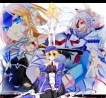  5girls ahoge beret blazblue blonde_hair bodysuit bolverk clone dress eyepatch gun hat lambda-11 mecha_musume mu-12 multiple_girls noel_vermillion nu-13 saya_(blazblue) sayo_wini visor weapon white_dress white_hair 