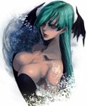  1girl aqua_hair bangs bare_shoulders blunt_bangs breasts demon_girl head_wings lips long_hair morrigan_aensland parted_lips red_eyes solo succubus tsutsumi_(hipopo) vampire_(game) 