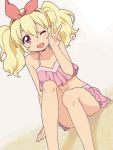  1girl aikatsu! alternate_hairstyle bikini blonde_hair blush hoshimiya_ichigo long_hair looking_at_viewer mattaku_mousuke midriff navel open_mouth red_eyes sitting smile solo swimsuit twintails v wink 