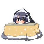  1girl animal_costume black_eyes chibi eyepatch headgear kantai_collection kotatsu personification purple_hair shark solo table tenryuu_(kantai_collection) triangle_mouth twumi 