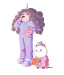  1girl :&lt; :d ahoge animal_on_head artist_name bee bee_(bee_and_puppycat) bee_and_puppycat bee_the_human_girl bell brown_hair closed_eyes envelope garfield garfield_(character) hair_ribbon jingle_bell long_hair natasha_allegri open_mouth pajamas puppycat ribbon robe simple_background slippers smile standing striped striped_pajamas tagme white_background yawning 