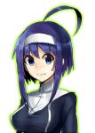  1girl ahoge alternate_hair_length alternate_hairstyle blue_eyes blue_hair breasts bust hairband lowres orie_(under_night_in-birth) payot short_hair solo under_night_in-birth yusano 