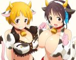  2girls animal_ears arm_warmers asymmetrical_docking bell bell_collar blonde_hair blush breast_press breasts brown_eyes collar collarbone cow_ears cow_horns cow_print cow_tail elbow_gloves fake_animal_ears fake_horns fukuda_noriko gloves grin headset hooves horns idolmaster idolmaster_cinderella_girls idolmaster_million_live! large_breasts looking_at_viewer midriff multiple_girls nash_(na-si) navel oikawa_shizuku short_hair simple_background smile tail white_background 