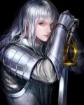  1boy androgynous armor berserk black_background blue_eyes full_armor griffith lips long_hair looking_at_viewer mj_(11220318) nose silver_hair simple_background solo sword weapon 