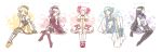  5girls akemi_homura bare_shoulders beret black_hair black_legwear blonde_hair blue_eyes blue_hair boots capelet drill_hair fingerless_gloves gloves hair_ornament hair_ribbon hairband hairclip hat highres kaname_madoka long_hair mahou_shoujo_madoka_magica miki_sayaka multiple_girls open_mouth pink_hair red_eyes redhead ribbon sakura_kyouko short_hair skirt smile striped striped_legwear thighhighs tomoe_mami twin_drills twintails utacoco vertical-striped_legwear vertical_stripes very_long_hair white_legwear yellow_eyes 