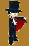  1boy artist_name black_hair cape character_name chiba_mamoru flower gloves hat male mask outline panty_&amp;_stocking_with_garterbelt parody parted_lips rose simple_background smile solo standing style_parody tagro top_hat tuxedo tuxedo_kamen 