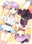  2girls blue_eyes bow dj_max dj_max_portable dress earrings hair_bow jewelry ladymade_star lying multiple_girls on_back purple_hair siblings side_ponytail sitting smile thighhighs twins upside-down vanilla_(shade) 