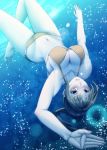  1girl aomidori_(krkg) barefoot bikini breasts brown_eyes brown_hair bubble diving freediving highres large_breasts long_hair looking_at_viewer original ponytail swimming swimsuit underwater water 