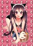  1girl all_fours animal_ears barefoot bikini black_hair blush breasts cat_ears cat_tail character_doll cleavage fang frilled_bikini frills front-tie_top headdress hirasawa_yui k-on! kuzu_kow looking_at_viewer nakano_azusa open_mouth solo swimsuit tail twintails violet_eyes 