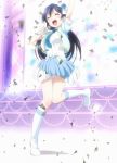  1girl action blue_hair boots bubble_skirt closed_eyes confetti happy highres idol long_hair love_live!_school_idol_project microphone screencap singing solo sonoda_umi stage stitched 