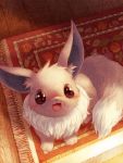  :d blush eevee from_above full-face_blush looking_up no_humans open_mouth pokemon pokemon_(creature) rug smile solo tail toitoi508 wood_flooring 