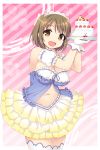  1girl bare_shoulders blush breasts brown_eyes brown_hair cake cleavage dress food fujimiya_yuu gloves hair_ornament headdress highres idolmaster idolmaster_cinderella_girls large_breasts mimura_kanako navel open_mouth short_hair skirt smile solo thighhighs white_gloves 