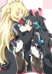  2girls :d ^_^ between_breasts black_hair black_legwear black_wings blonde_hair blush bodysuit breasts closed_eyes couple fingerless_gloves flat_chest gloves head_between_breasts heart kyoukai_senjou_no_horizon large_breasts long_hair malga_naruze margot_knight mellow multiple_girls open_mouth pantyhose smile violet_eyes wings yuri 