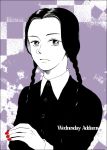  1girl addams_family bangs black_hair braid character_name expressionless monochrome muraeri1204 nail_polish parted_bangs solo spot_color twin_braids wednesday_addams 