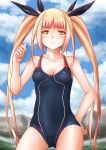  1girl amber_eyes blazblue blonde_hair collarbone highres hikari0910 long_hair rachel_alucard ribbon solo swimsuit thighs twintails 