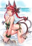  1girl animal_ears bikini bow braid breasts cat_ears cat_tail cleavage collarbone duplicate extra_ears front-tie_bikini green_bikini hair_bow high_heels kaenbyou_rin long_hair looking_at_viewer matsuda_(matsukichi) multiple_tails pose red_eyes redhead side-tie_bikini solo swimsuit tail touhou twin_braids v_arms water wrist_cuffs 