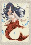  1girl black_hair bracelet breasts cleavage fish_tail gj hair_ornament hair_over_one_eye jewelry large_breasts long_hair mermaid monster_girl necklace original shell shell_bikini solo water yellow_eyes 