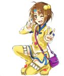  1girl bag boots brown_eyes brown_hair dress gem hair_bobbles hair_ornament naminori norma_beatty short_hair skirt smile solo squatting tales_of_(series) tales_of_legendia thigh_boots thighhighs v white_background wink yellow_dress yellow_legwear 