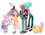  2boys 2girls :&lt; =&lt; animal_on_head artist_name backpack bag bee bee_(bee_and_puppycat) bee_and_puppycat bee_the_human_girl bell bird bird_on_head blush_stickers bow bowl_cut brown_hair character_request child dark_skin deckard dog envelope eye_contact food fruit green_hair hug jacket jingle_bell long_hair looking_at_another midriff multiple_boys multiple_girls natasha_allegri necktie open_mouth puppycat short_hair shorts simple_background smile sparkle standing white_background white_hair |_| 