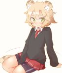  1girl animal_ears bike_shorts blonde_hair eyebrows green_eyes hair_ornament hairclip necktie original school_uniform short_hair shorts_under_skirt sitting skirt solo sweater tail thick_eyebrows tiger_ears tiger_tail tomcat_(moconeko) toramimi-senpai 