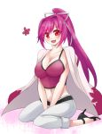  1girl blush breasts cleavage hair_intakes hair_ribbon haori high_heels japanese_clothes large_breasts long_hair midriff navel open_fly pants_rolled_up ponytail purple_hair red_eyes ribbon riko_(setsugetsuca) sitting smile solo stiletto_heels under_night_in-birth unzipped v_arms wariza yuzuriha_(under_night_in-birth) 