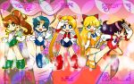  1boy 5girls :d ;d ahoge aino_minako arm_up bishoujo_senshi_sailor_moon black_hair blonde_hair blue_dress blue_eyes blue_hair boots bow brown_hair chiba_mamoru chibi choker clenched_hands double_bun dress earrings elbow_gloves gloves green_dress green_eyes hair_bobbles hair_bow hair_ornament half_updo hand_on_hip highres hino_rei inner_senshi jewelry kino_makoto knee_boots long_hair magical_girl mask mizuno_ami multiple_girls ofuda open_mouth orange_dress outline panty_&amp;_stocking_with_garterbelt parody pink_background pointing ponytail red_dress ribbon sailor_jupiter sailor_mars sailor_mercury sailor_moon sailor_senshi sailor_venus shoes short_hair skirt smile standing_on_one_leg style_parody tagro tiara tsukino_usagi tuxedo tuxedo_kamen twintails v violet_eyes white_gloves wink 