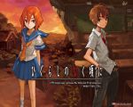  1boy 1girl arms_behind_back blue_eyes brown_hair hands_in_pockets higurashi_no_naku_koro_ni maebara_keiichi official_art orange_hair ryuuguu_rena school_uniform serafuku short_hair smile tomohi 