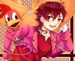  1boy bird doily dual_persona gloves hat heart heart_of_string looking_back male panchito_pistoles personification polka_dot polka_dot_background red_eyes redhead satsumaage_(miyabi-blue-7) short_hair smile sombrero the_three_caballeros 