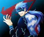  1boy arisu_shiria blue_hair claws fate/kaleid_liner_prisma_illya fate_(series) fur_trim lancer long_hair ponytail red_eyes solo visor 