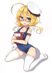  1girl ahoge blonde_hair book breasts glasses green_eyes hair_ribbon hat highres hukasikasi i-8_(kantai_collection) kantai_collection personification red-framed_glasses ribbon school_swimsuit short_hair simple_background sitting solo swimsuit thighhighs wariza white_background white_legwear 