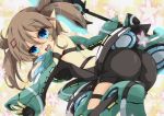  1girl blue_eyes brown_hair flower milkpanda open_mouth patty_(pso2) phantasy_star phantasy_star_online_2 pointy_ears short_hair solo twintails weapon 