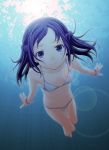  1girl barefoot bikini bracelet character_request diving flat_chest freediving holding_breath jewelry lens_flare looking_at_viewer purple_hair slowpit smile swimming swimsuit 