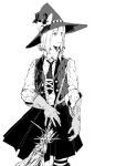  1girl bow broom final_fantasy final_fantasy_tactics gloves hair_bow hat kirisame_marisa monochrome necktie no_nose parody savan short_hair skirt striped striped_legwear style_parody touhou vest witch_hat 