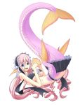 bikini blue_eyes breasts frilled_bikini frilled_skirt frills front-tie_top inui_takemaru large_breasts long_hair looking_at_viewer mermaid meroune_lorelei monster_girl monster_musume_no_iru_nichijou open_mouth pink_hair pointy_ears scales simple_background skirt smile swimsuit under_boob webbed_hands white_background 