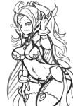  1girl ahoge alternate_breast_size arceonn breasts cape cleavage curvy fire_emblem fire_emblem:_kakusei forehead_protector gloves long_hair monochrome navel nowi_(fire_emblem) pointy_ears ribbon sketch solo thighhighs 