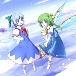  2girls ankle_socks ascot basket blue_eyes blue_hair blue_sky bow cirno clouds colored_eyelashes daiyousei dress dutch_angle fairy_wings flower flying green_eyes green_hair hair_bow hands_on_hips ice ice_wings lake looking_at_viewer minust mountain multiple_girls no_shoes open_mouth power-up puffy_short_sleeves puffy_sleeves ribbon scarlet_devil_mansion short_hair short_sleeves side_ponytail skirt skirt_set sky snow snowing touhou wings 