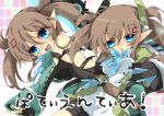  2girls blue_eyes brown_hair milkpanda multiple_girls open_mouth patty_(pso2) phantasy_star phantasy_star_online_2 pointy_ears short_hair tear_(pso2) twintails weapon 