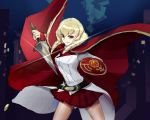  1girl belt blonde_hair cape drill_hair elica_wagner pleated_skirt red_eyes shield short_sword skirt solo sword twin_drills under_night_in-birth weapon yusano 